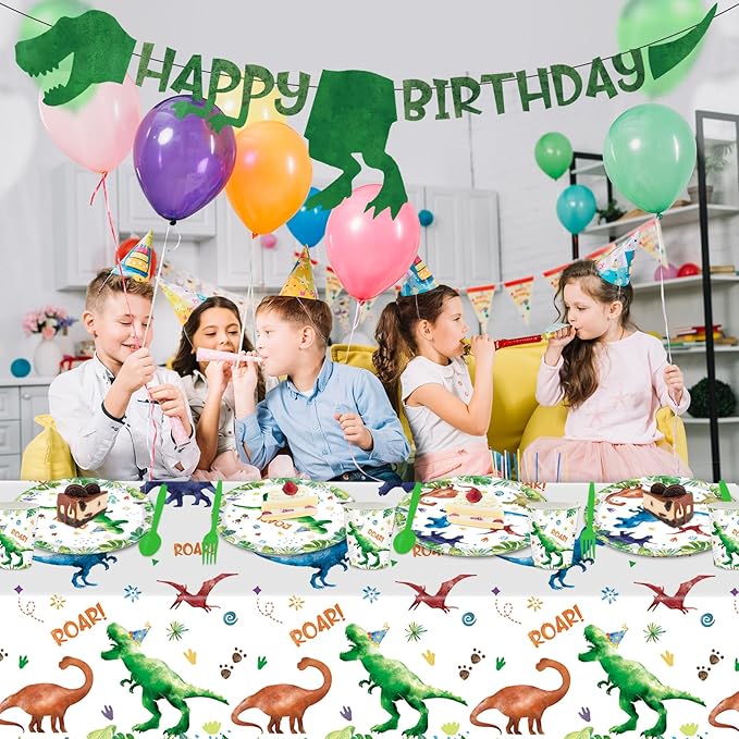 142 Pcs Watercolor Dinosaur Party Supplies Dinosaur Theme Birthday Party Decoration Includes Plates Cups Napkins Knives Forks Spoons Tableware for Boys Birthday,Serves 20 Guests
