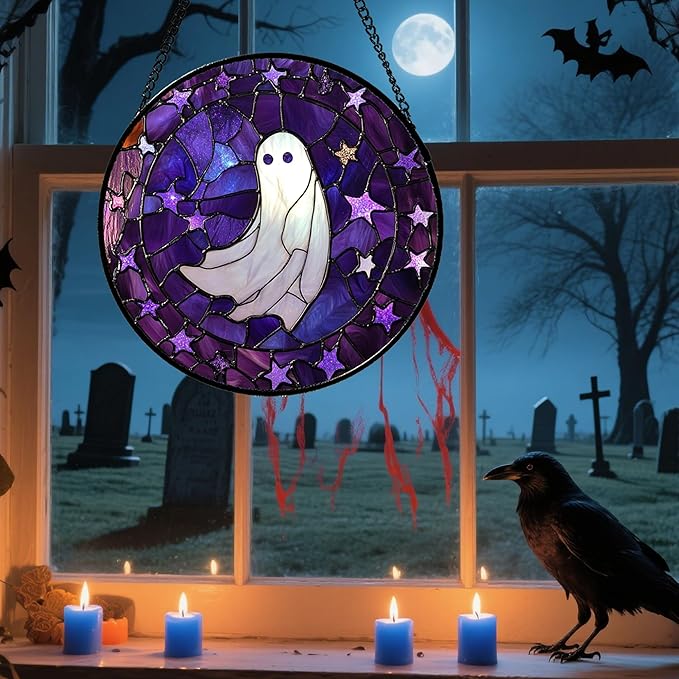 Stained Glass Window Hanging - Halloween Decoration Purple Star White Ghost Suncatcher for Doors Garden Indoor Spooky Sun Catchers Gothic Decor Horror Gifts for Women Men Friend 9.8 in
