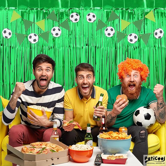 Football Party Decorations Green Streamers - Thicken 2 Pack 3.2 x 8.2 FT - Tinsel Foil Fringe Curtains Party Backdrop for Birthday, Dinosaur, Christmas, Jungle, Golf Party Decorations