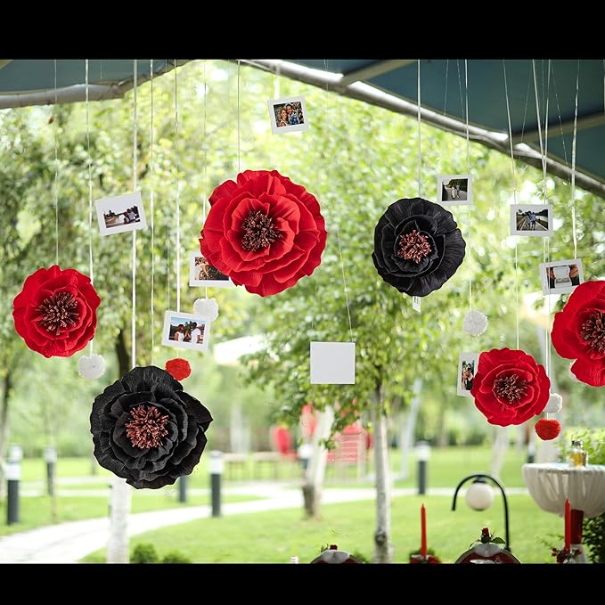 Artificial Paper Flower Decorations for Wall Backdrop Wedding, Giant Paper Flowers, Handcrafted Flowers for Birthday Baby Shower Bridal Shower Nursery Decor(Black & Red Set 7)