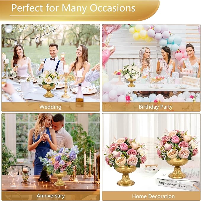 Gold Pedestal Vases for Centerpieces: Wedding Flower Vase for Tables 5 Inch Small Metal Compote Bowl Vase for Birthday Party Anniversary Event Home Decoration Set of 2