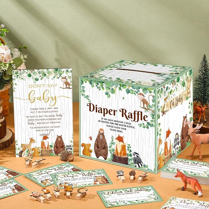102 Pcs Baby Shower Game Supplies Diaper Raffle Tickets with Diaper Raffle Card Box Don't Say Baby Sign Mini Clothespin Baby Shower Game Decor for Baby Shower Gender Reveal(Animal)