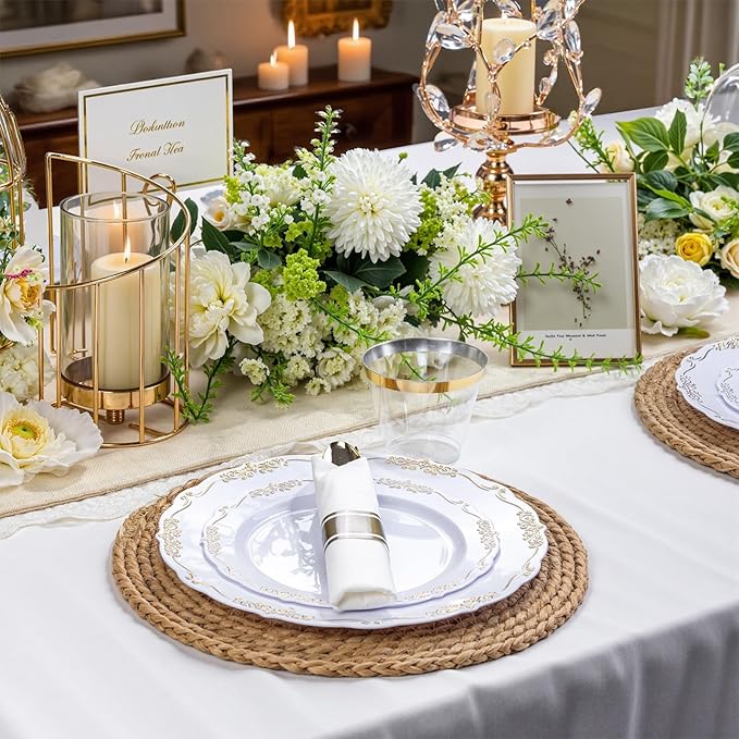 U-QE 175 Pieces Gold Plastic Plates and Napkins Party Supplies - White and Gold Dinnerware Set 25 Guest - 25 Dinner Plate, 25 Dessert Plates, 25 Per Rolled Napkins with Gold Cutlery, 25 Cups 9 OZ