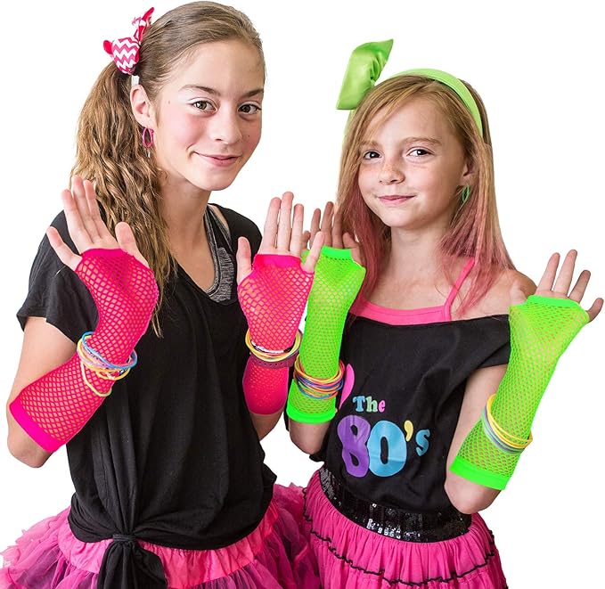 TecUnite 12 Pairs Fishnet Gloves Fingerless Neon Gloves for Women Men 80s Party Costume Accessories Supplies