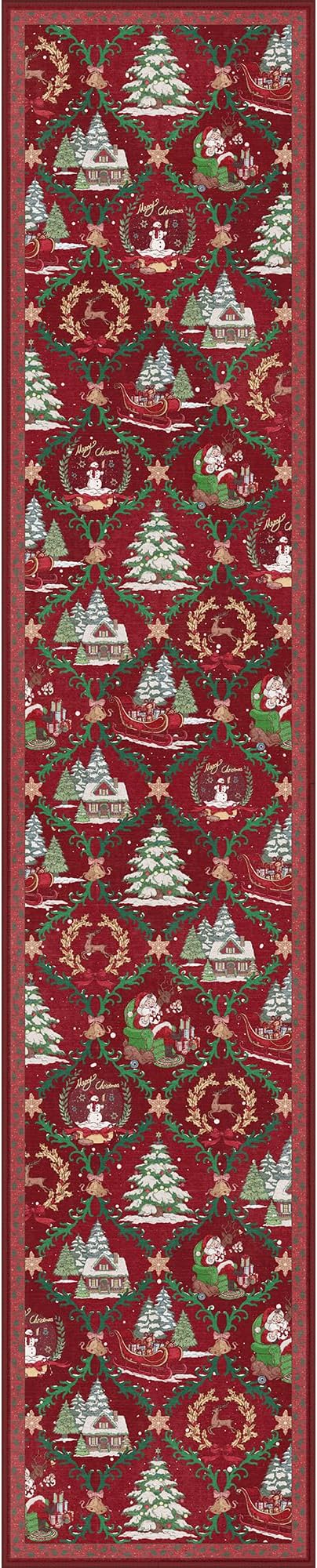 Christmas Runner Rug 2x10 Washable Rug for Hallway Kitchen Bedroom, Christmas Home Decor, Holiday Print Carpet, Low Pile Mat with Non Slip Backing, Crimson Christmas Tale Pattern