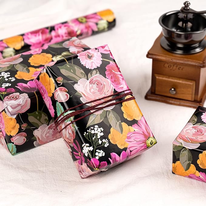 WRAPAHOLIC Reversible Floral Wrapping Paper - Mini Roll - 17 Inch X 33 Feet - Black Colorful Floral Design for Birthday, Mother's Day, Wedding, Baby Shower, Bridal Shower