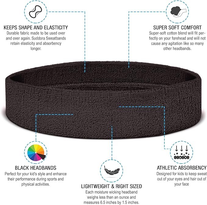 Suddora Toddlers Headbands, Sports Sweatbands for Kids, Non-Slip and Lightweight Fabric Bands for Youth Basketball, Soccer, and Tennis, Moisture-Wicking Bands for Cosplay & Costumes