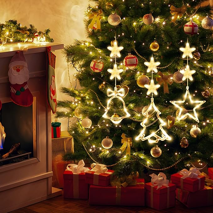 [Timer 3Pcs Christmas Window Lights Decorations,Battery Powered Christmas Hanging Warm White Lighted Tree Bell Star Shaped LED Sucker for Xmas Tree Fireplace Indoor Outdoor Decor