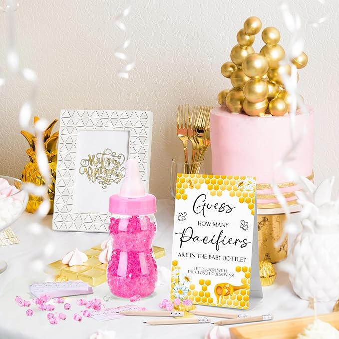 Roowest 512 Pcs Baby Shower Games Guess How Many Pacifiers Sign 100 Small Guessing Games 10 HB Pencils 750ml Milk Bottle 400 Acrylic Pacifiers Decoration for Guest Gender Reveal(Pink,Bee)