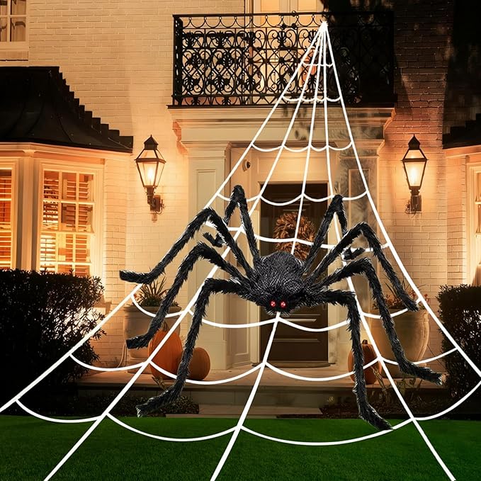 200" Halloween Spider Web + 59" Giant Spider Decorations, Triangular Huge Spiders Web and Hairy Scary Fake Spider, for Indoor Outdoor Porch Yard, Scary Haunted House Party, and Halloween Décor
