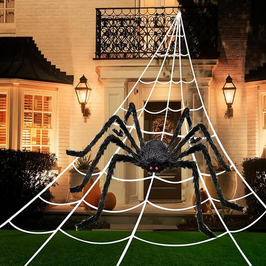 200" Halloween Spider Web + 59" Giant Spider Decorations, Triangular Huge Spiders Web and Hairy Scary Fake Spider, for Indoor Outdoor Porch Yard, Scary Haunted House Party, and Halloween Décor