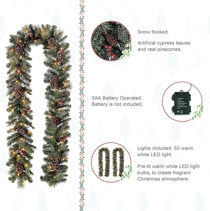 Glitzhome 2PK 9ft Prelit Christmas Garlands, Glittered Greenery Garlands Artificial Pine Garlands with Pine Cones Berries, Christmas Garland with Lights for Mantle, Fireplace, Stairs Decorations