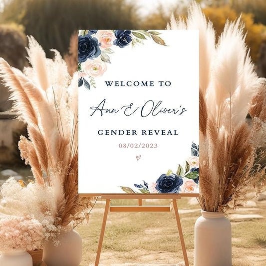 Navy Blush Gender Reveal Banner Welcome Sign, Black Pink Floral Decor Sign