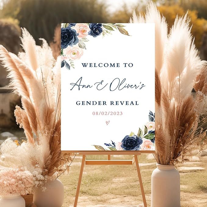 Navy Blush Gender Reveal Banner Welcome Sign, Black Pink Floral Decor Sign