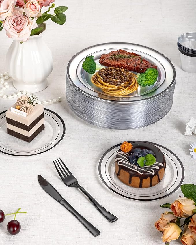 Goodluck 175 Piece Black Plastic Plates, Clear Plastic Silverware Disposable Plates Set, Include 50Plates, 25Pack Pre Rolled Napkins with Silverware, 25Cups for Party, Wedding, Graduation