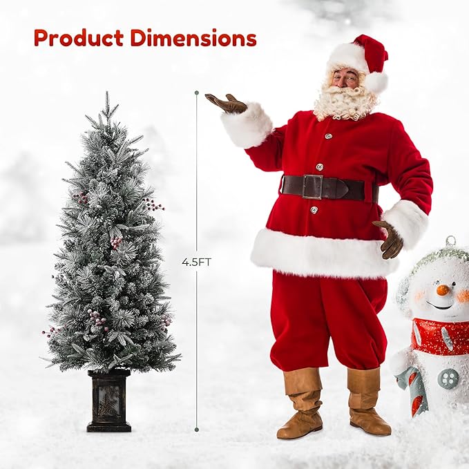 GarveeHome 4.5ft Prelit Christmas Trees with 200 Warm Lights & 20 Clusters Red Berry, Artificial Potted Xmas Tree with 8 Light-Modes, Snowflake Base, Holiday Decor, 1 PCS