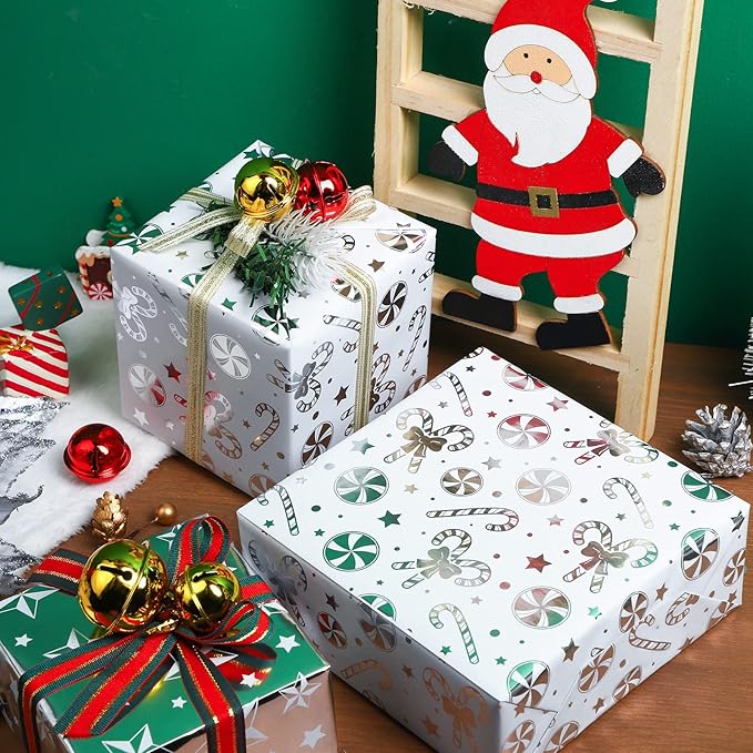 WRAPAHOLIC Silver Christmas Wrapping Paper Set - Silver Snowflakes and Candy Cane Holiday Collection with Metallic Foil Shine Wrapping Paper Bundle with Gift Bow & Ribbon & Tag & Sticker