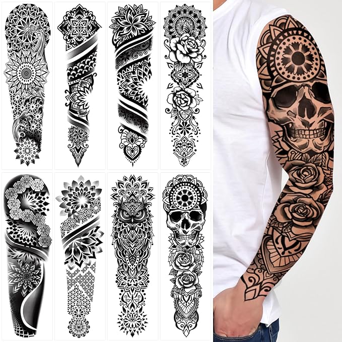 Yazhiji 48 Waterproof Temporary Tattoos For Adult, Mandala Vintage Black Lotus Temporary Tattoos for Men Women, Full Arm Fake Tattoo Bohemia Mandala Flower Fake Arm Tattoos for Boys Girls