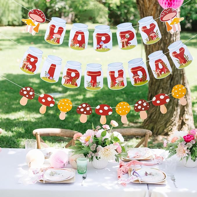 SUNBEAUTY Mushroom Birthday Banner - Mushroom & Fairy Party Decorations | Pre-Strung