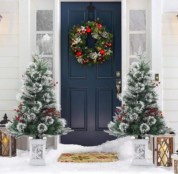 3 ft Prelit Premium Snow Flocked Artificial Christmas Tree with 8 Mode Warm White Led, Mini Prelit Xmas Pine Tree for Christmas Decoration,Yard,Home,Office,Outdoor,Indoor