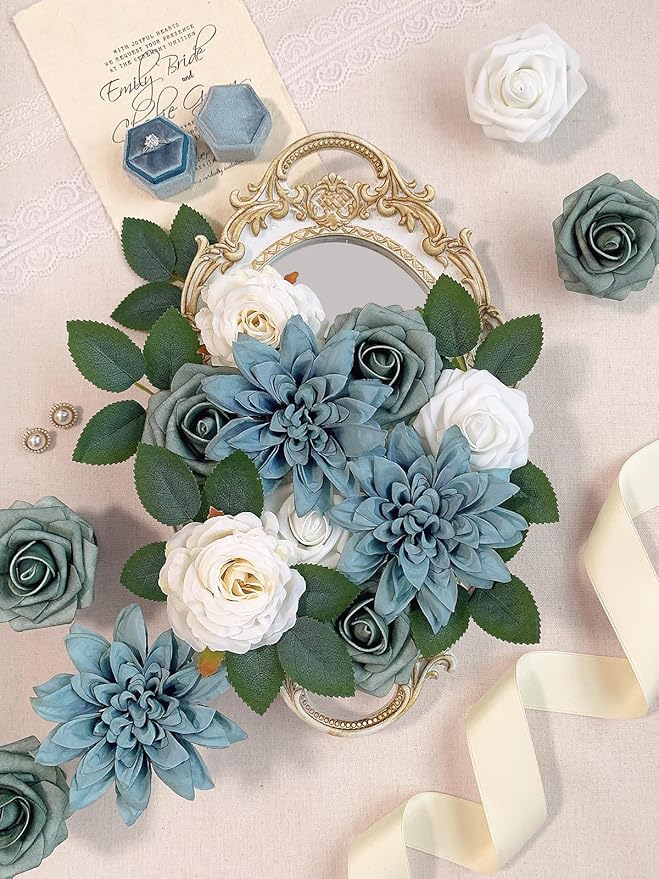 Roses Artificial Flowers Blue Fake Flower Bulk for DIY Wedding Bouquets Bridal Baby Shower Centerpiece Table Decorations Silk Faux Floral Arrangements for Party Home Decor Indoor Dusty Blue
