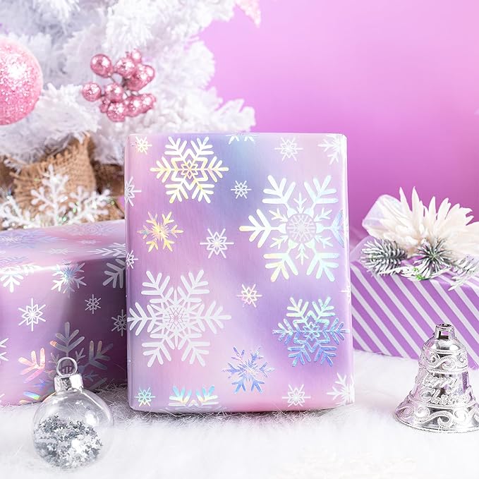 RUSPEPA 30" X 32.8' Reversible Christmas Wrapping Large Paper Roll, Jumbo Roll, Colorful Foil Pastel Snowflake Design and Purple Stripes Dreamy Gift Wrap for Girls, Women, Family, Xmas Holiday Gifts