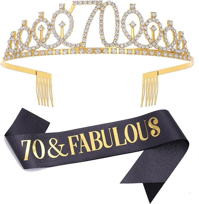 "70 & Fabulous"Sash & Rhinestone Tiara Set, Black Gold 70th Birthday Gifts for Women, Birthday Sash/Tiara for Women's 70th Birthday Party Decoration (Black 70th)