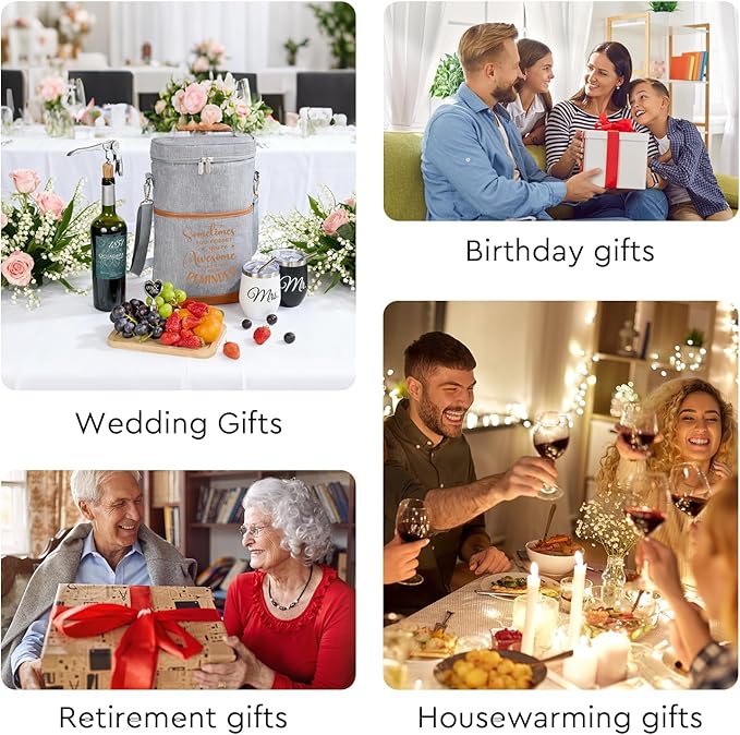 AW BRIDAL Birthday Gifts for Women Men, Drink Happy Thoughts Gift Basket for Housewarming and Beach Camping Travel, Insulated Wine Cooler Bag with Tumbler Mugs and Accessorie Set for Wine Lover Friend