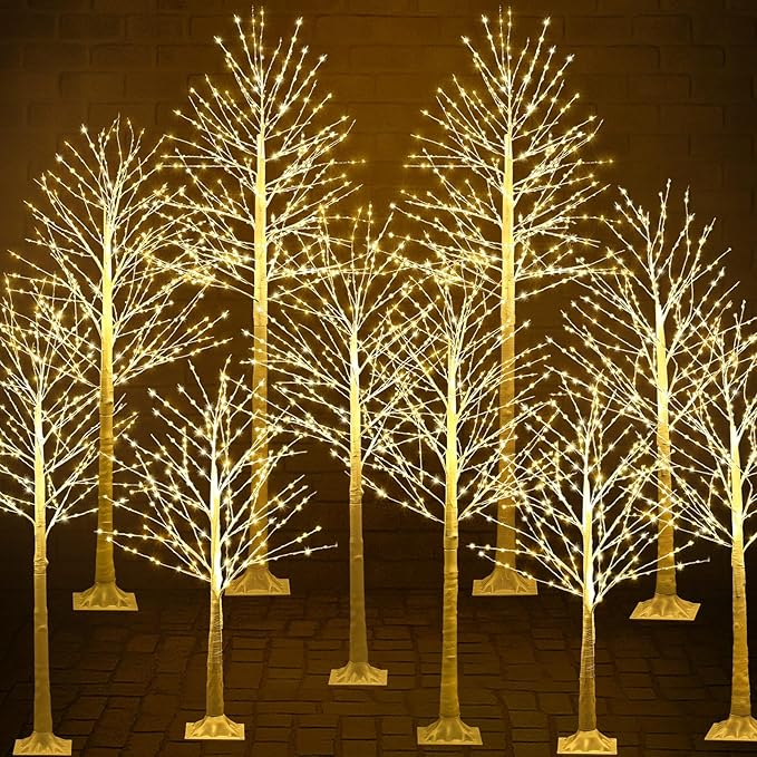 Baquler 10 Pack Lighted Birch Tree - Large Christmas Warm-White LED 8 Mode Light Birch Tree Decoration Set for Thanksgiving Holiday Fall Winter Party Decor, Indoor & Outdoor (4 5 6 7 8 ft)