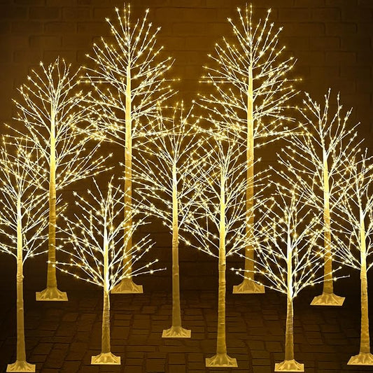 Baquler 10 Pack Lighted Birch Tree - Large Christmas Warm-White LED 8 Mode Light Birch Tree Decoration Set for Thanksgiving Holiday Fall Winter Party Decor, Indoor & Outdoor (4 5 6 7 8 ft)