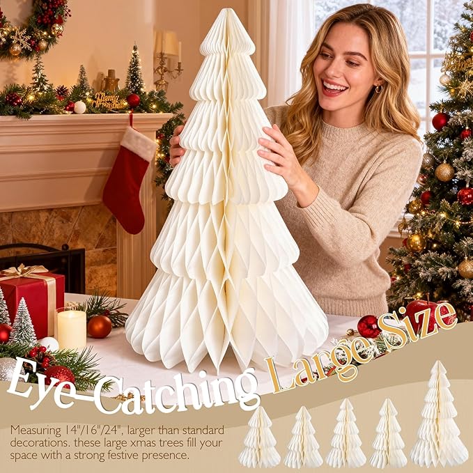 Christmas Table Decorations Indoor, 5 Pcs Extra Large White Honeycomb Paper Christmas Trees, Vintage Table Centerpieces Decorations for Xmas Winter Wonderland New Year Party Weddings Home Decor