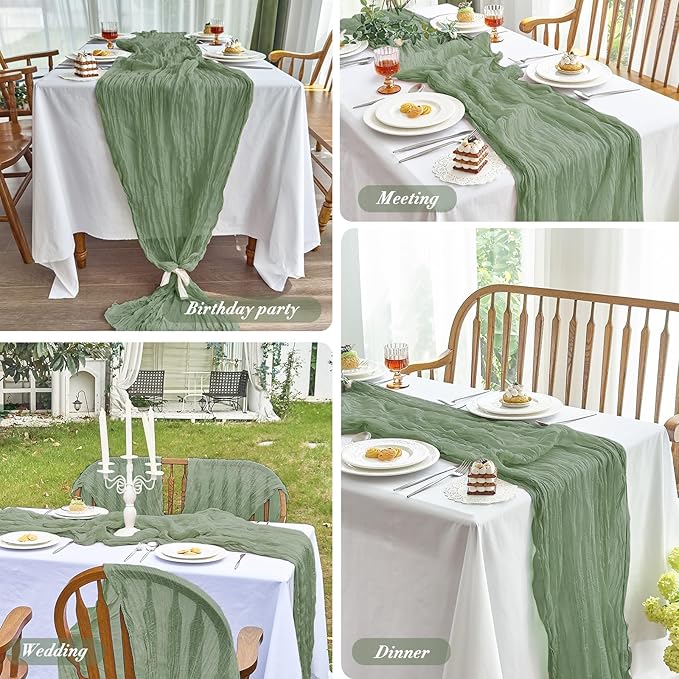 IVAPUPU 1 Pcs Cheesecloth Table Runner - 10ft Sage Green Boho Gauze Cheese Cloth Table Runners for Baby Shower Decoration Wedding Party Summer Garden Farmhouse