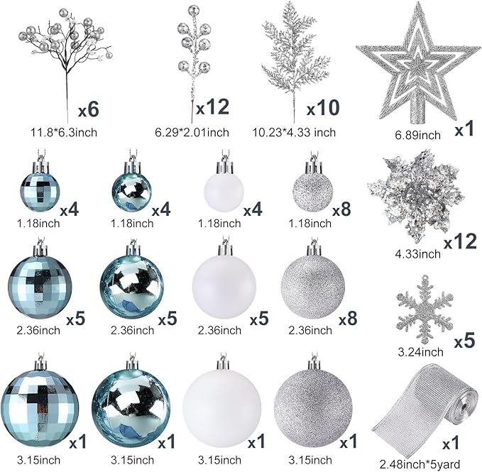 Sratte 94 Pcs Christmas Tree Decorations Set, Christmas Tree Ball Ornaments Glitter Poinsettia Flowers Decorations Glitter Berries Stems for Xmas Holiday Wedding(Blue, White, Silver)