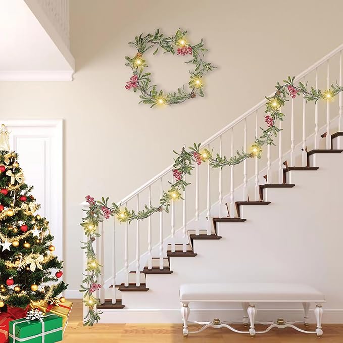 6FT Lighted Snow Christmas Garland, Olive Pine Garland Battery Operated with Timer, Winter Prelit Holiday Garland for Mantle Staircase Indoor Outdoor Centerpiece Table Fireplace Decor