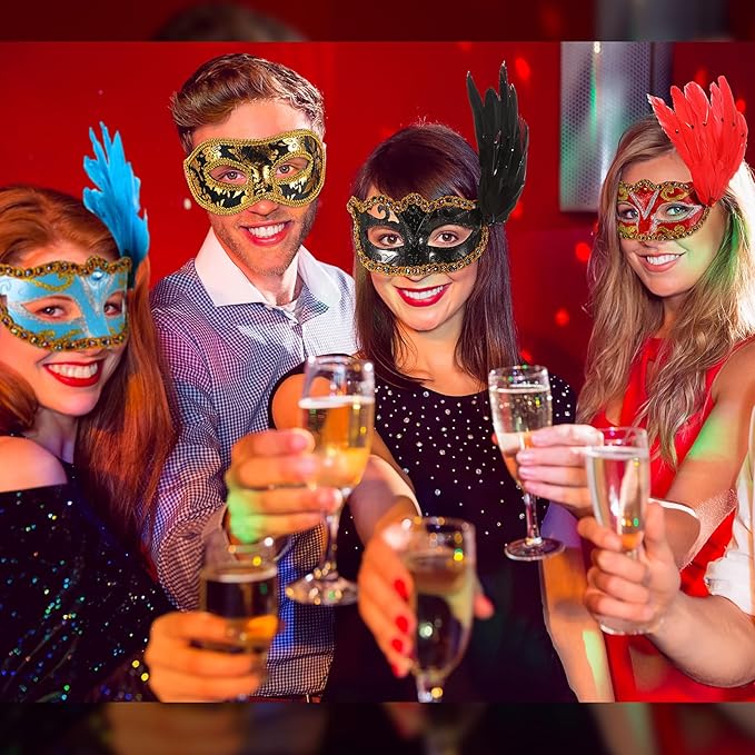 Sratte Couple Masquerade Mask with Feather Flower Unisex Half Face Venetian Mask for Mardi Gras Party