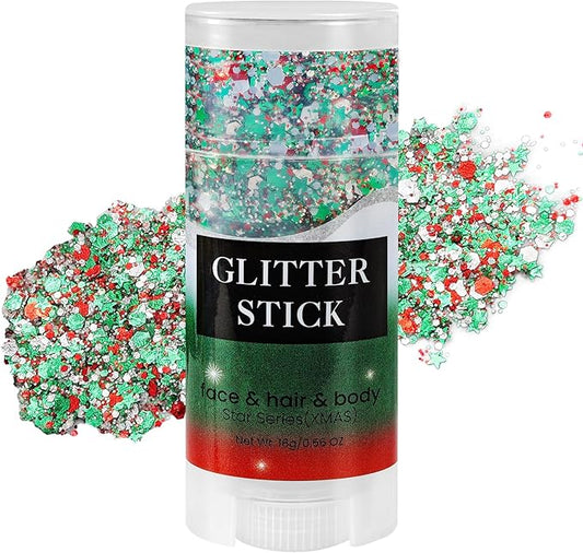 Mysense Red Silver and Green Body Glitter Stick, Christmas Makeup Face Hair Glitter for Kids Women, Stocking Stuffers Gift Decorations, Sparkling Chunky Glitter Makeup, 0.56oz