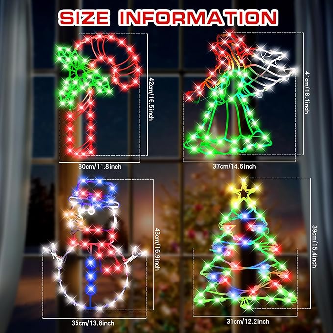 4 Pack Christmas Window Silhouette LED Lights Decorations, Angel, Xmas Trees, Candy Cane, Snow Man Christmas Window Light Decorations with 50 Bulbs for Holiday Wall Door Glass Decorations