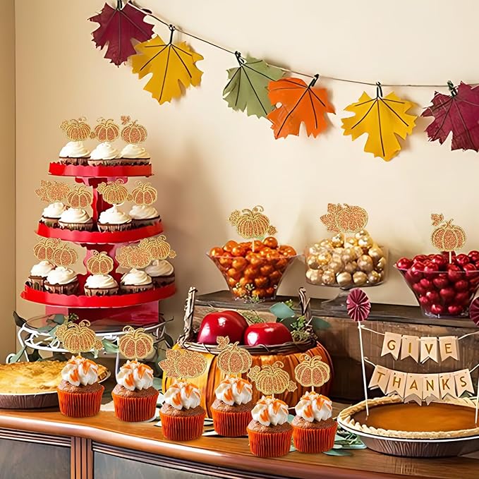 Glitter 24Pcs Pumpkin Cupcake Toppers Thanksgiving Cupcake Toppers Fall Theme Cupcake Picks for Thanksgiving Day Harvest Pumpkin Theme Baby Shower Birthday Cake Decorations Party Supplies