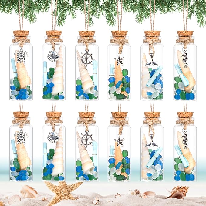 12Pcs Coastal Christmas Ornaments Set -Beach Shells Glass Bottles Keepsake with Mini Scrolls, for Home Christmas Tree Hanging Ornaments, Beachy Coastal Nautical Decor, Wedding Baby Shower Party Favors