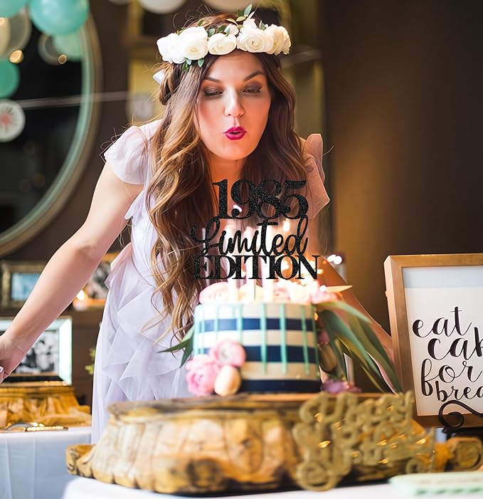 Limited EDITION 1985 Cake Topper - Black Glitter Happy 40th Birthday Party Cake Decoration Supplies, Cheer to 40 Years Cake Bunting Decor for 40th Birthday Party Photo Booth Props