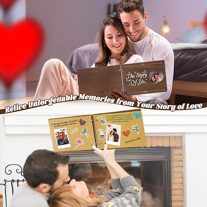 CY2SIDE Couples Photo Album Scrapbook - 111PCS The Story of Us Wooden Scrapbook Craft Kit Included Wood Cover Heart Puzzle Brown Paper Sticker and Template for DIY, Anniversary Dating Gift for Him Her