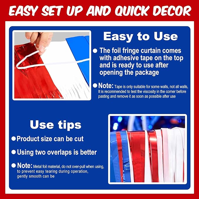 3 Pack White Blue Red Foil Fringe Curtains Backdrop, 3.28 x 8.2 Ft Metallic Streamers Tinsel Curtains Background for Photo Booth, Birthday, Christmas, Halloween, New Year Party Decorations