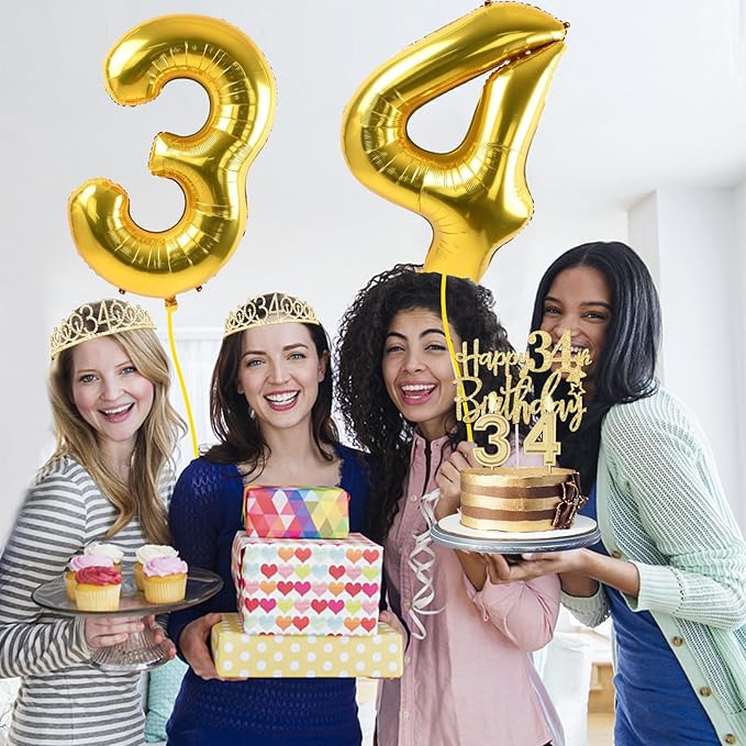 34th Birthday Decorations for Women Gold with 34th Birthday Sash and Crown, Cake Topper and Candles, Number Balloons, 34 Year Old Gifts for Women