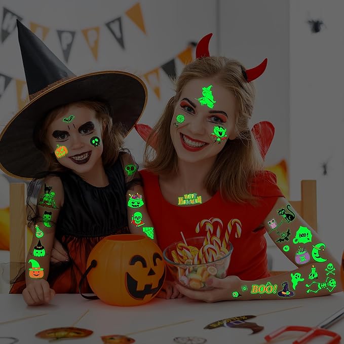 145 Styles Halloween Tattoos for Kids, 12PCS Halloween Luminous Tattoos, Glow in Dark Ghosts Pumpkin Fake Temporary Tattoos Stickers Bulk for Halloween Party Favors Accessories Supplies