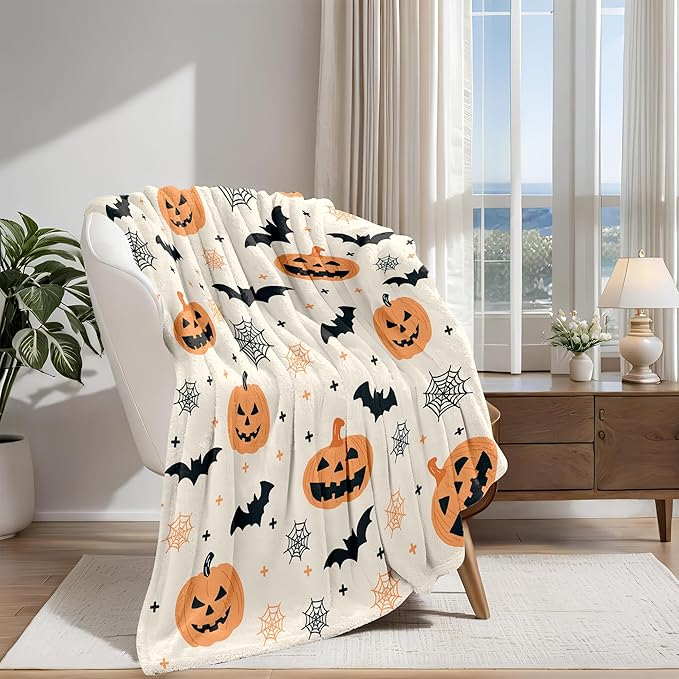 Halloween Flannel Throw Blanket – Ghost, Bat & Pumpkin Pattern – Orange Festive Blanket for Couch or Bed, W50 x L70in