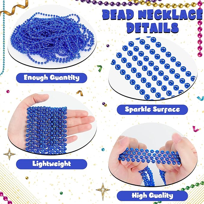 24 PCS Blue Mardi Gras Beads Necklaces, 33" Metallic Patriotic Carnival Beaded Necklaces, 4th of July Costume Necklaces, Mardi Gras Accessories for Gender Reveal Parade Throws Party Decorations