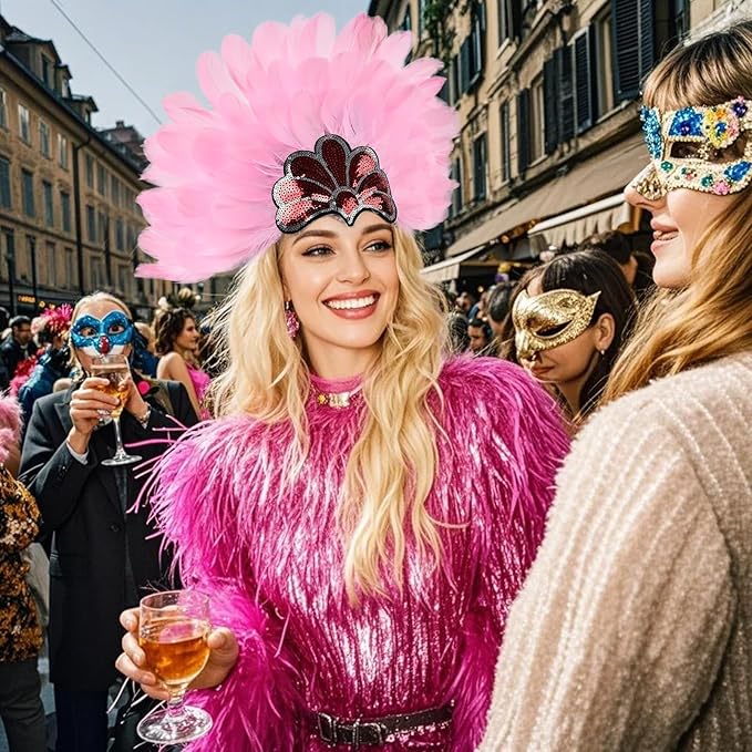 Women's Carnival Feather Headpieces Sequin Headdress for Wedding Masquerade Party Cosplay Feather Headbands