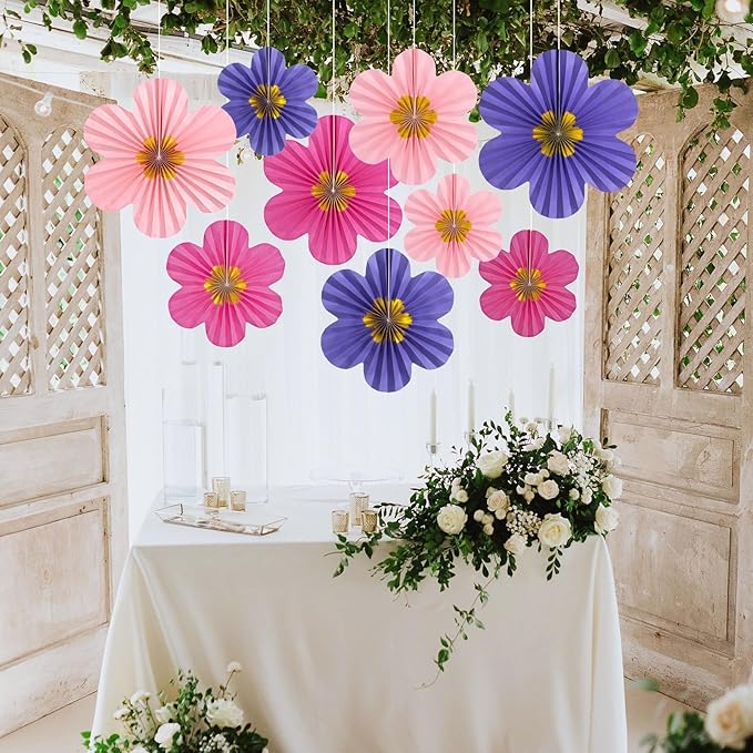 9 PCS Paper Fans Decorations, Pink and Purple Birthday Decorations, Paper Flowers, Classroom Decoration