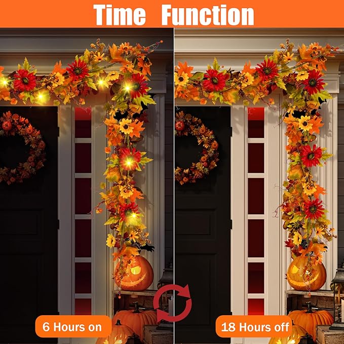 Uieke 6FT Fall Garland with Lights, Fall Maple Leaf Garland with Sunflowers Berries Fall Decor Garlands for Home Wedding Harvest Thanksgiving Mantle Fireplace Farmhouse Indoor Outdoor Decor