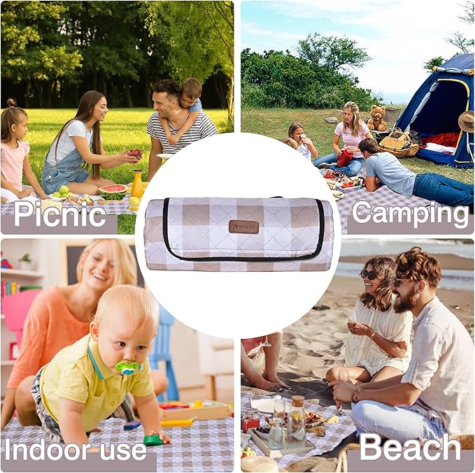 HX&OD Outdoor Picnic Blanket, Extra Large, 80''x80'' Waterproof Foldable Blankets Gingham Picnic Mat for Beach, Camping Grass Lawn Park Accessories Cute Couple Ideas Wedding (Light Brown, 80”x80”)